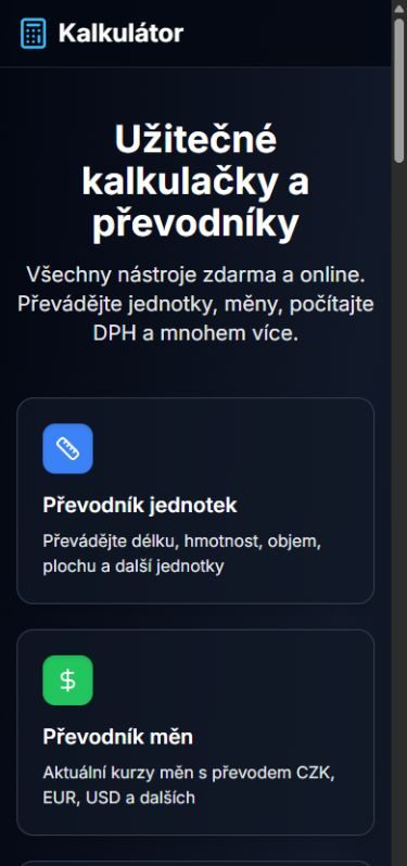 Mobilní úvodní stránka Výpočtáře se seznamem kalkulaček a převodníků