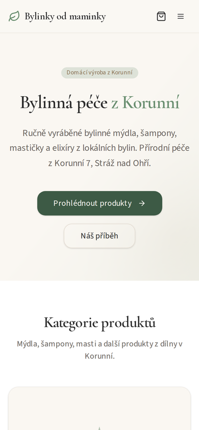 Mobile Startseite von Bylinky od maminky mit Kopfzeile und Einleitung