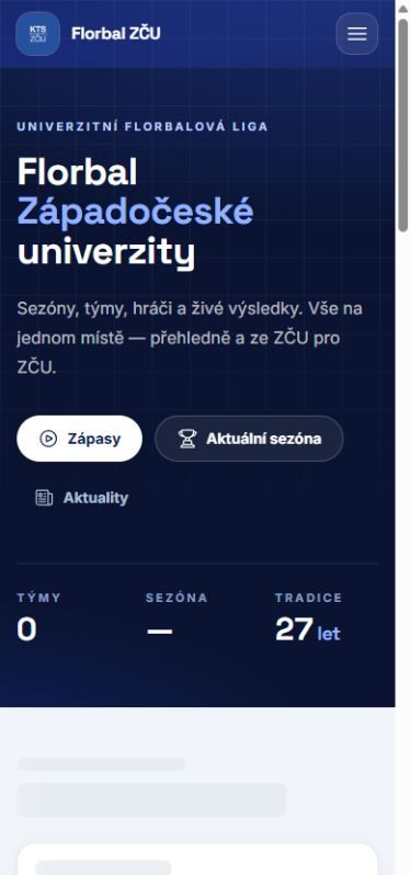Mobilní úvodní stránka Florbal ZČU s navigací, zápasy a aktuální sezónou