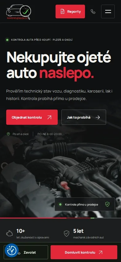 Mobile Website von KontrolujiAuta.cz mit Dienstleistungsangebot und Link zu Berichten