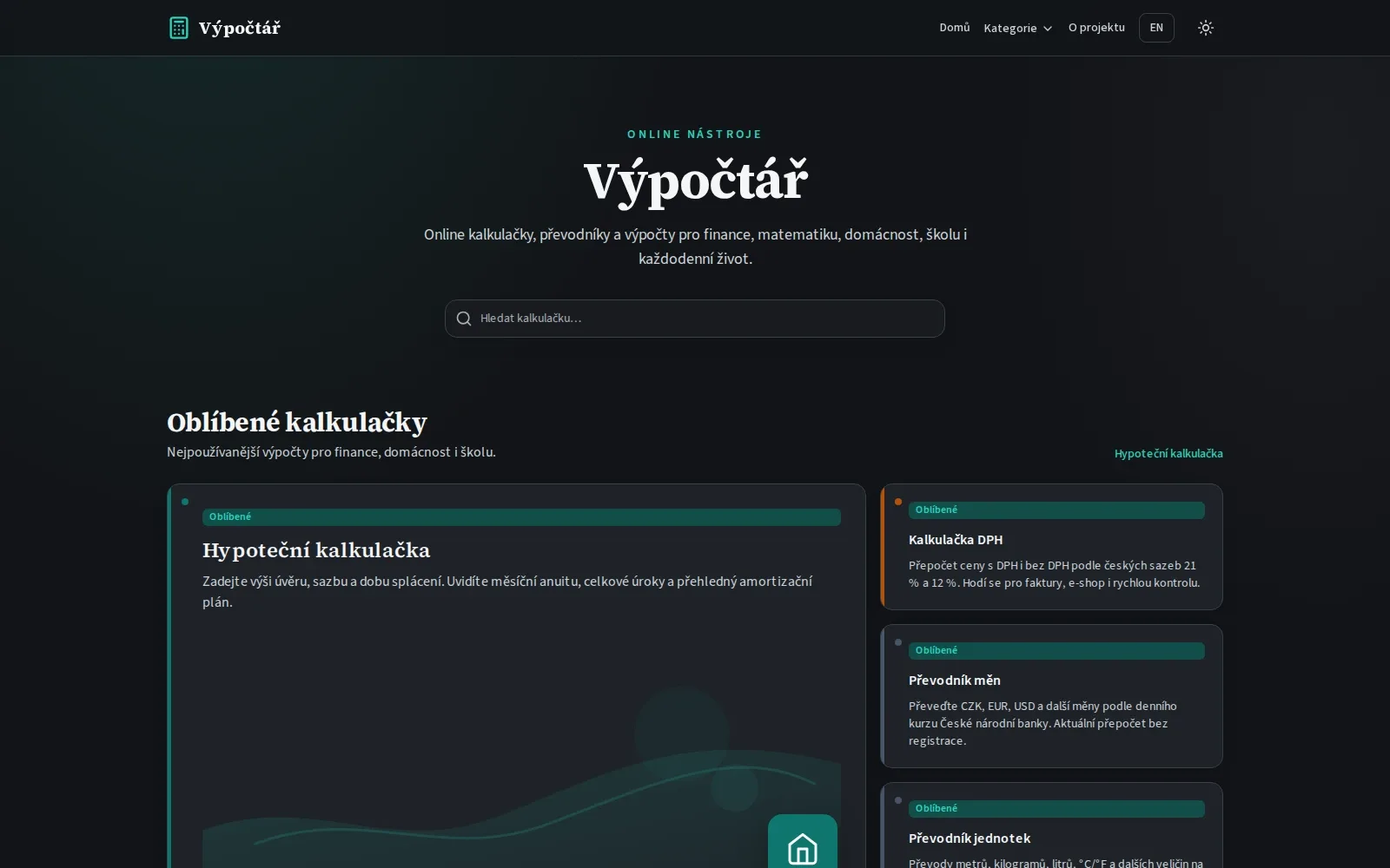 Startseite von Výpočtář mit Rechnersuche und Überblick der beliebten Werkzeuge