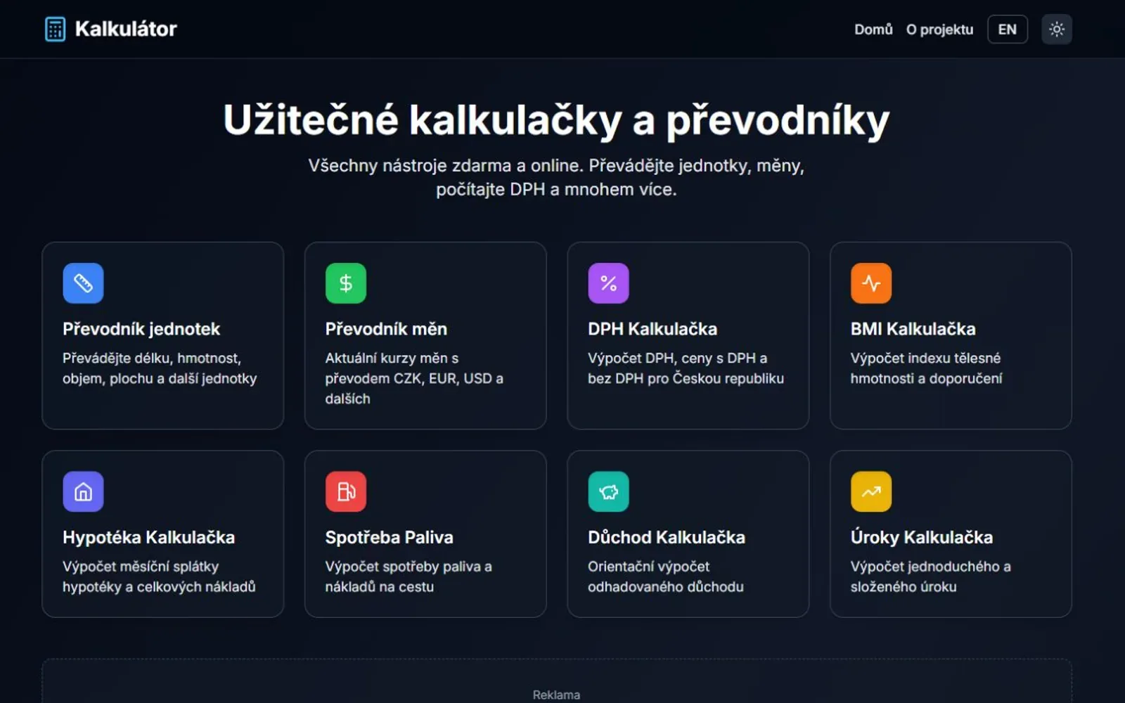 Rozhraní praktických kalkulaček Výpočtář